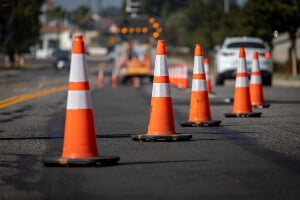 stock img of traffic cones to guide through work zone