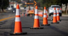 stock img of traffic cones to guide through work zone