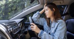 Woman putting her hand to her forward in a car.