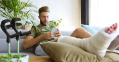 man with injured leg sitting on couch