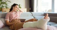 young girl sitting on her sofa at home has cast on her leg