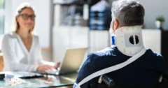 older man in wheelchair with neck brace and arm sling facing a seated blond-haired while woman in glasses.