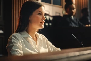 A women on the witness stand in court.