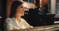 A women on the witness stand in court.
